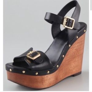 Tory Burch Black Wooden Wedge Sandals